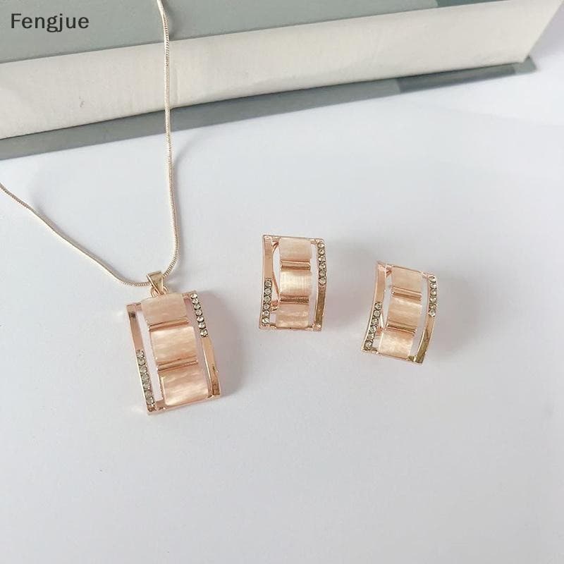 Fengjue Senhoras Retangular Opala Colar Brincos Conjunto De Jóias Strass Imitação Pedra Preciosa Pingente Parafuso Prisi