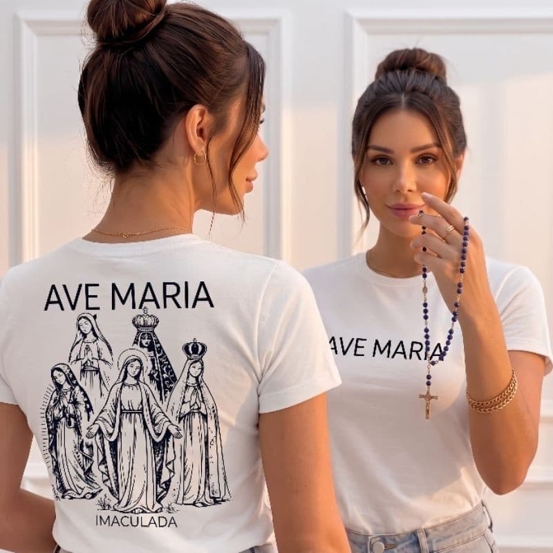 Camiseta Feminina T-Shirt Ave Maria Imaculada Católica Religiosa Gospel Moda