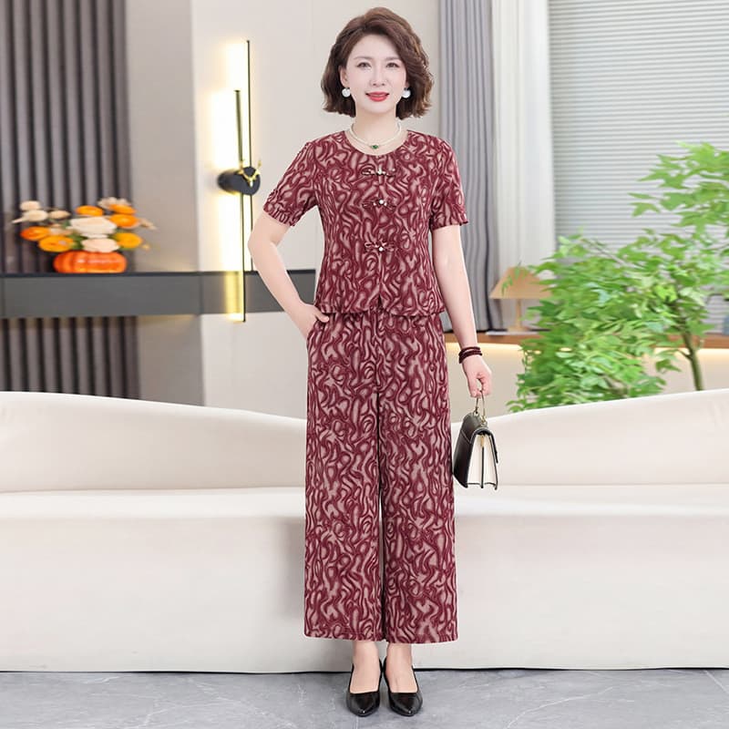 Camiseta de seda gelo para idosos de meia-idade i estilo chinês conjunto mãe feminina manga curta camisa pequena calças