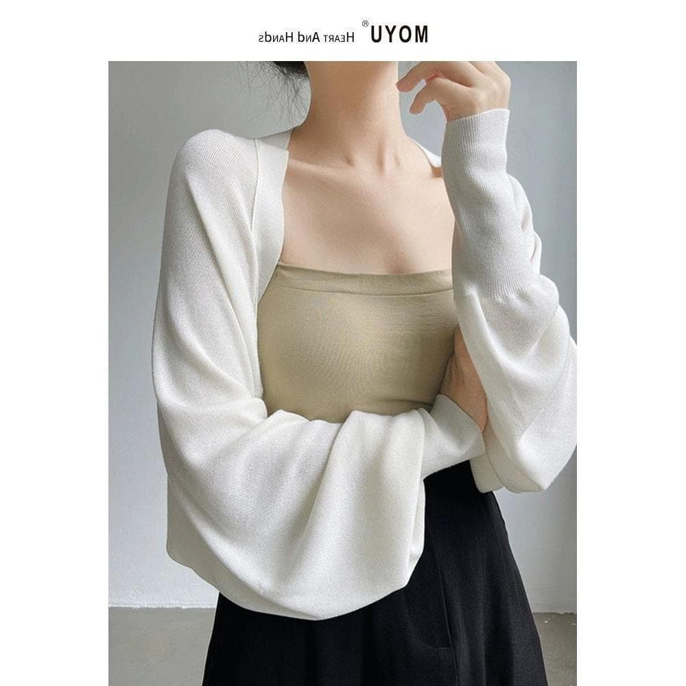 Francês pequeno colete de seda gelo malha protetor solar Cardigan feminino fino xale camisola com estilingue saia blusa