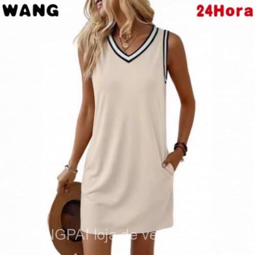 Vestido Feminino Sem Mangas com Decote em V e Cores Contrastantes, Corte Justo