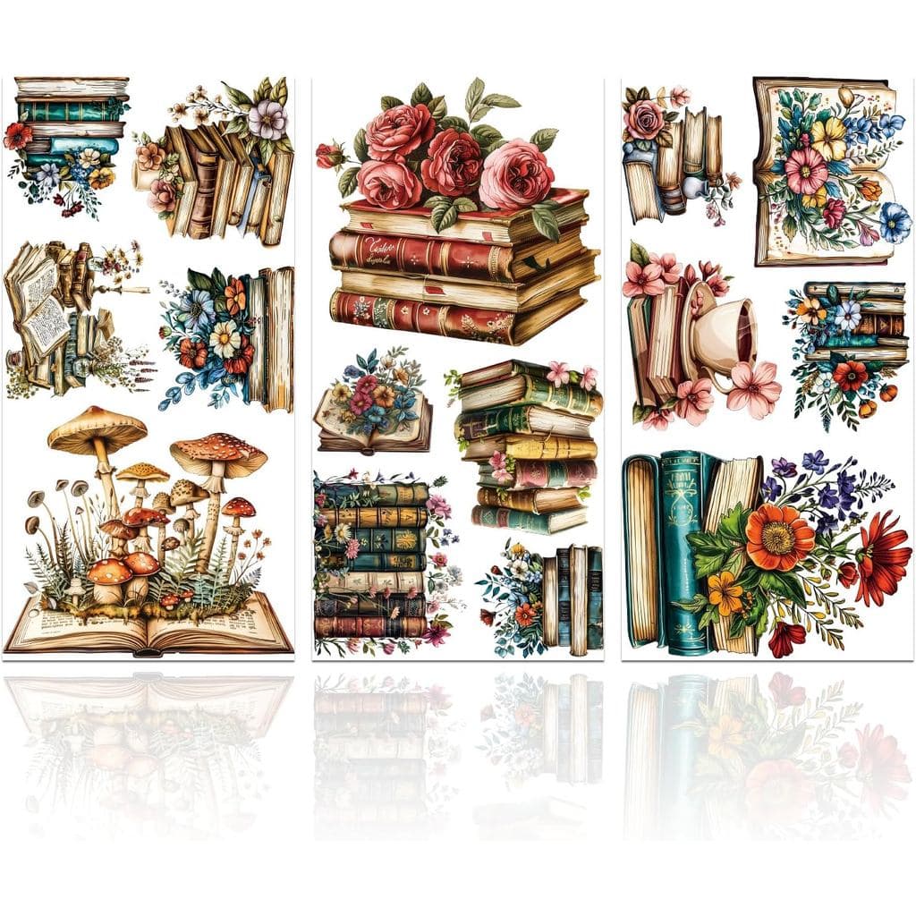 GLOBLELAND 3 Folhas de Transferência Adesiva Vintage com Motivos de Livros e Flores para Móveis, 6x12 polegadas, Transfe