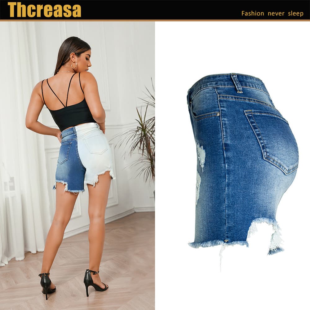 [Novo produto] Shorts de pés pequenos femininos elásticos com costura justa e bloqueio de cores rasgados calças lápis al