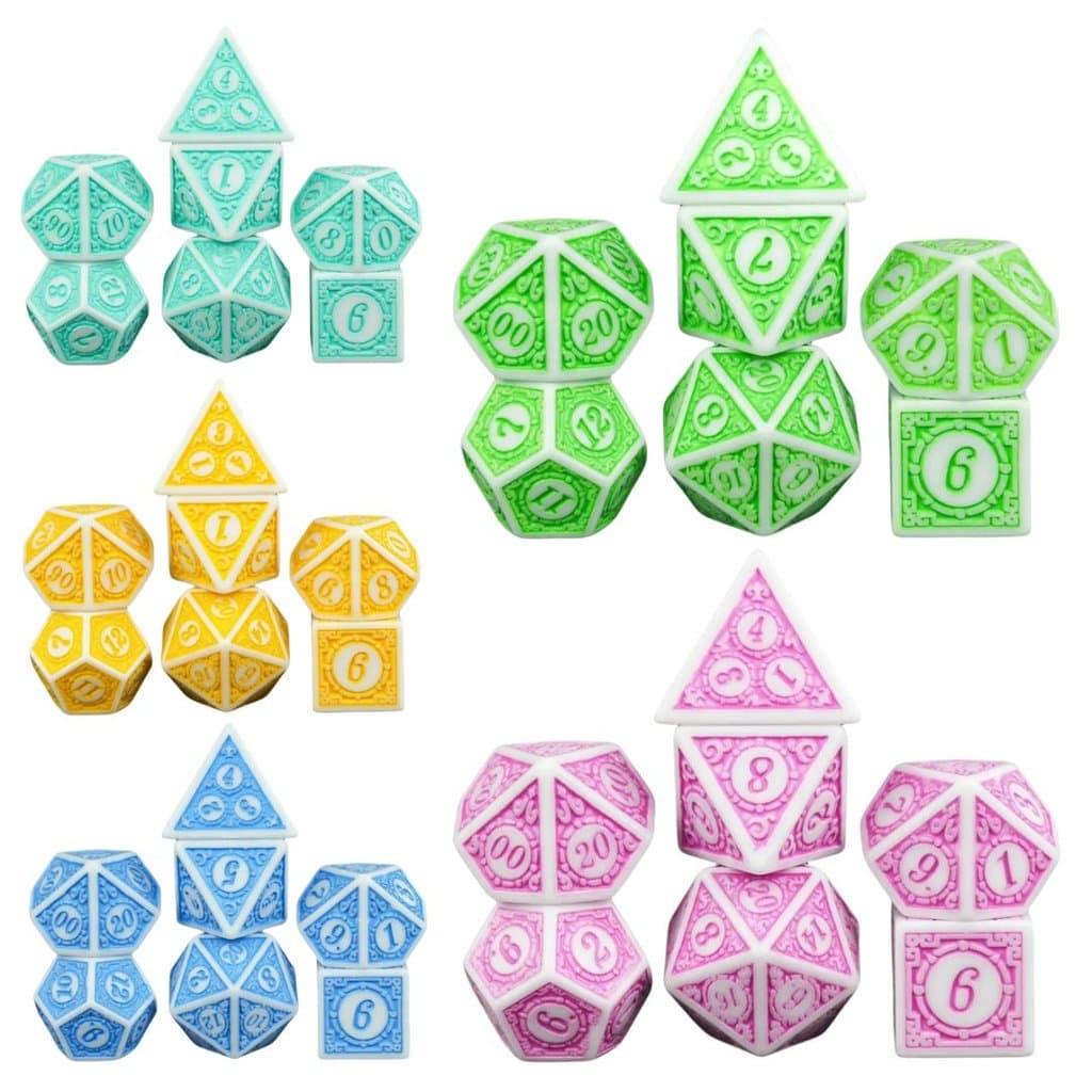 Kit 7 Dados RPG de Mesa - Dados Rúnicos D4 a D20 | Conjunto de Dados Runas Coloridas Poliédricos DnD
