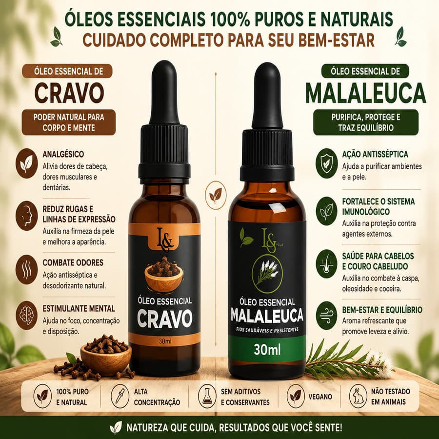 Kit óleo Malaleuca + Cravo 30ml Cada - Fungos e Micose de unhas e Muito Mais