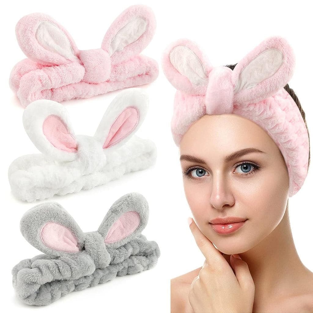 Conjunto de 3 faixas de cabelo, maquiagem, faixa de cabelo | Faixas de Cabelo de Fleece Elástico com Orelhas de Coelho p