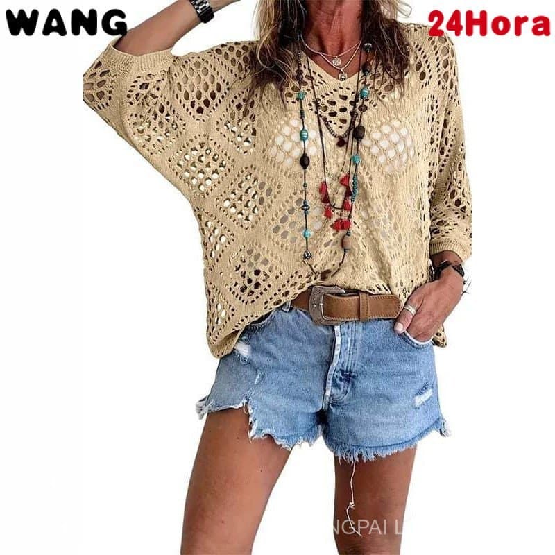 Blusa Feminina Solta com Decote em V, Padrão de Diamante, Manga Morcego Vazada