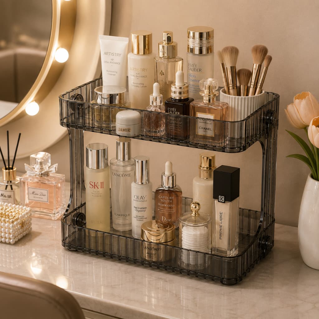 Organizador Duplo para Cosméticos Perfumes Maquiagem e Produtos de Higiene para Banheiro e Penteadeira