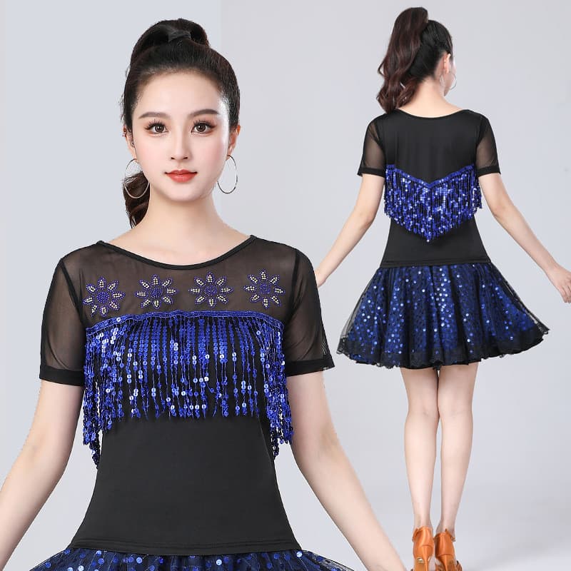 Traje de dança latina adulto feminino de manga curta quente strass topo quadrado traje de dança verão traje de dança pas