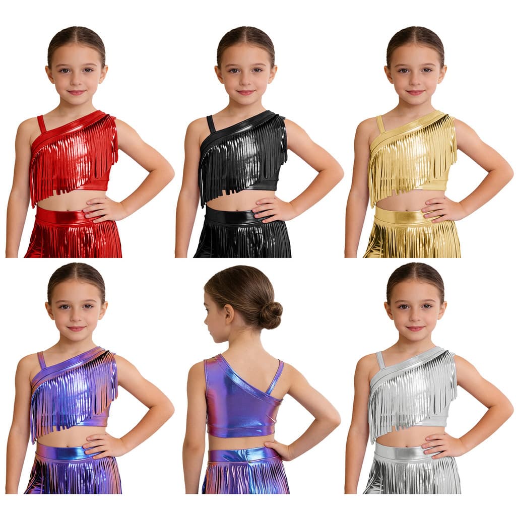inhzoy Kids Girls Jazz Dance Costume Asymmetrical Shoulder Metallic Tassels Crop Top for Theme Party Stage Performance