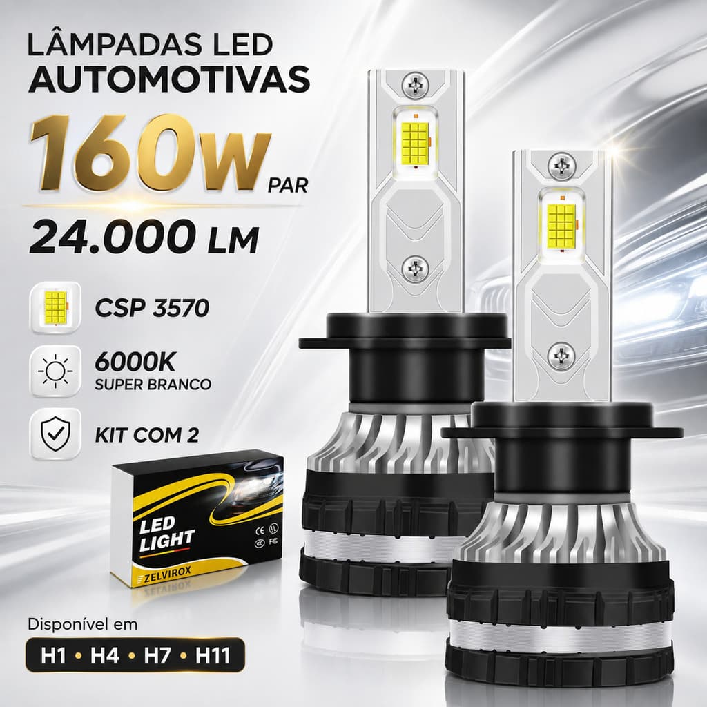 Kit 2 Lâmpadas LED Automotivas H1 H4 H7 H11 160W 24000LM CSP 3570 6000K IP68 9V-32V