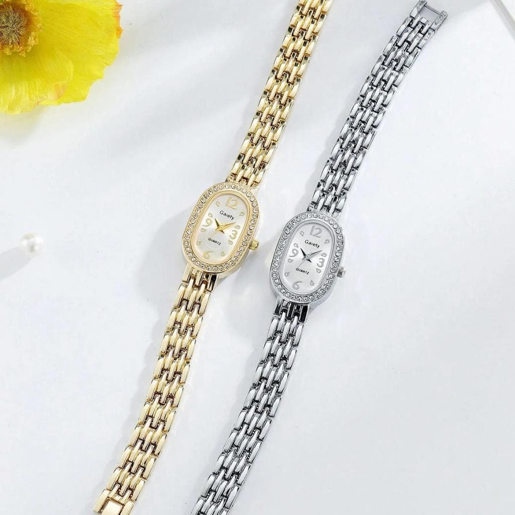 Relógio Feminino Oval Strass Leve Luxuoso Pequeno Quartz Delicado Luxo Analógico