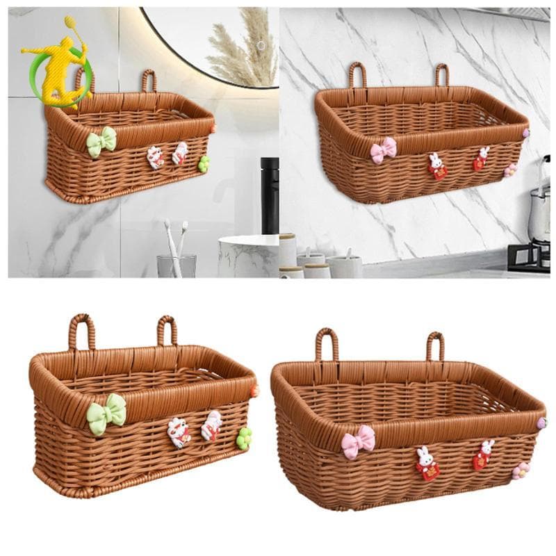 [Asiyy] Organizador De Cesta De Armazenamento De Vime Falso Bolsa Recipiente De Montagem Na Parede Tecido À Mão Para Toa