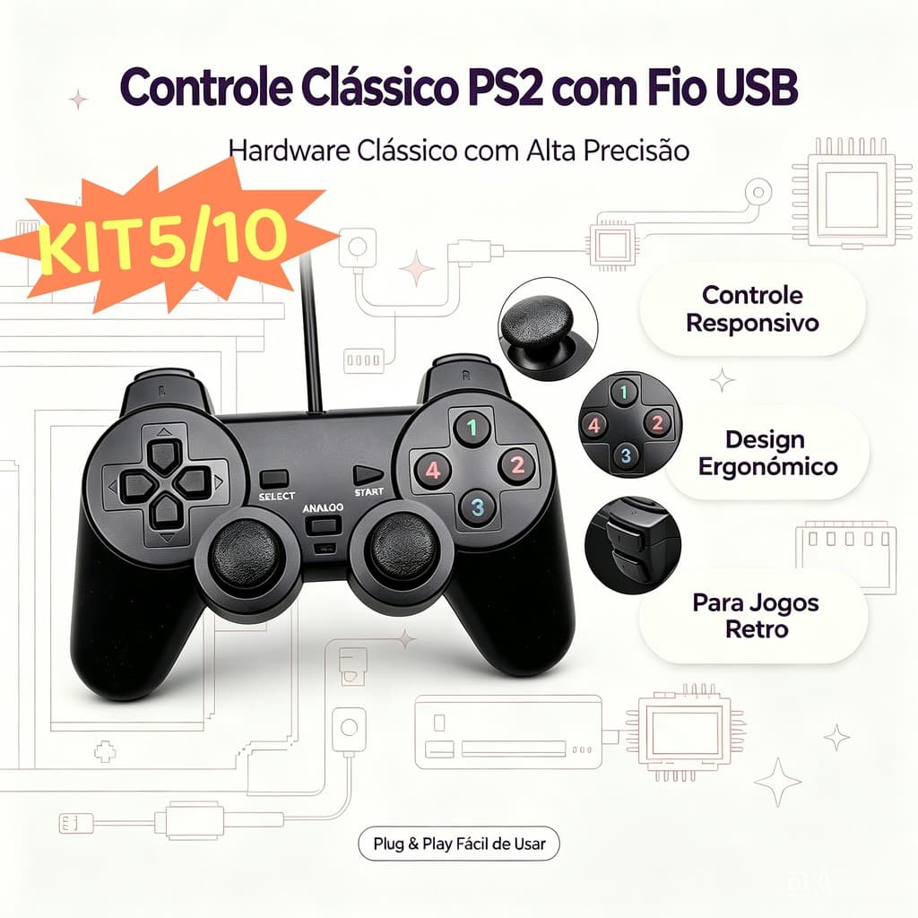 Kit5/10 Controle USB PC Estilo PS2 Vibração Dupla | Plug & Play 1,40m | Windows 98 ao 10 Emulador Raspberry Todos Jogos