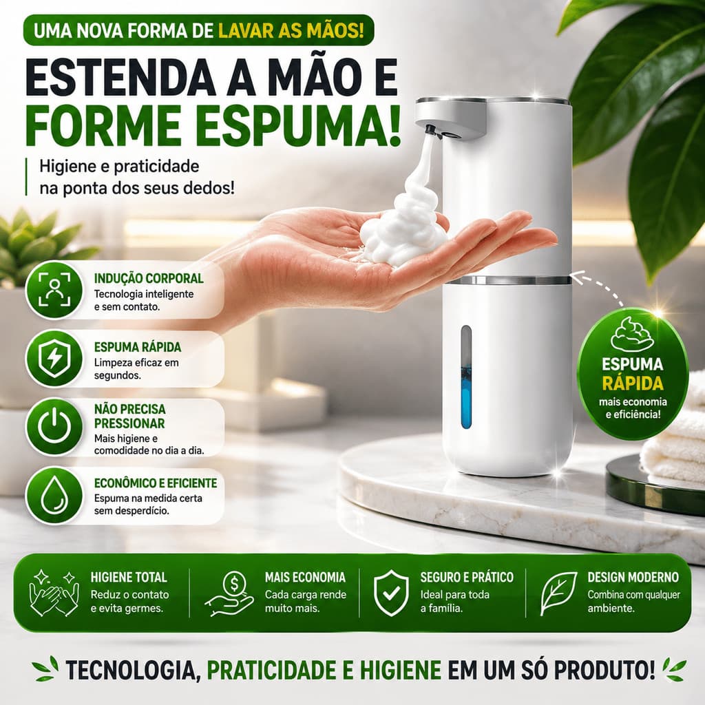 Saboneteira Automática Com Sensor Dispenser Sabão Líquido E Espuma Sem Toque 380ml Recarregável USB Banheiro Cozinha