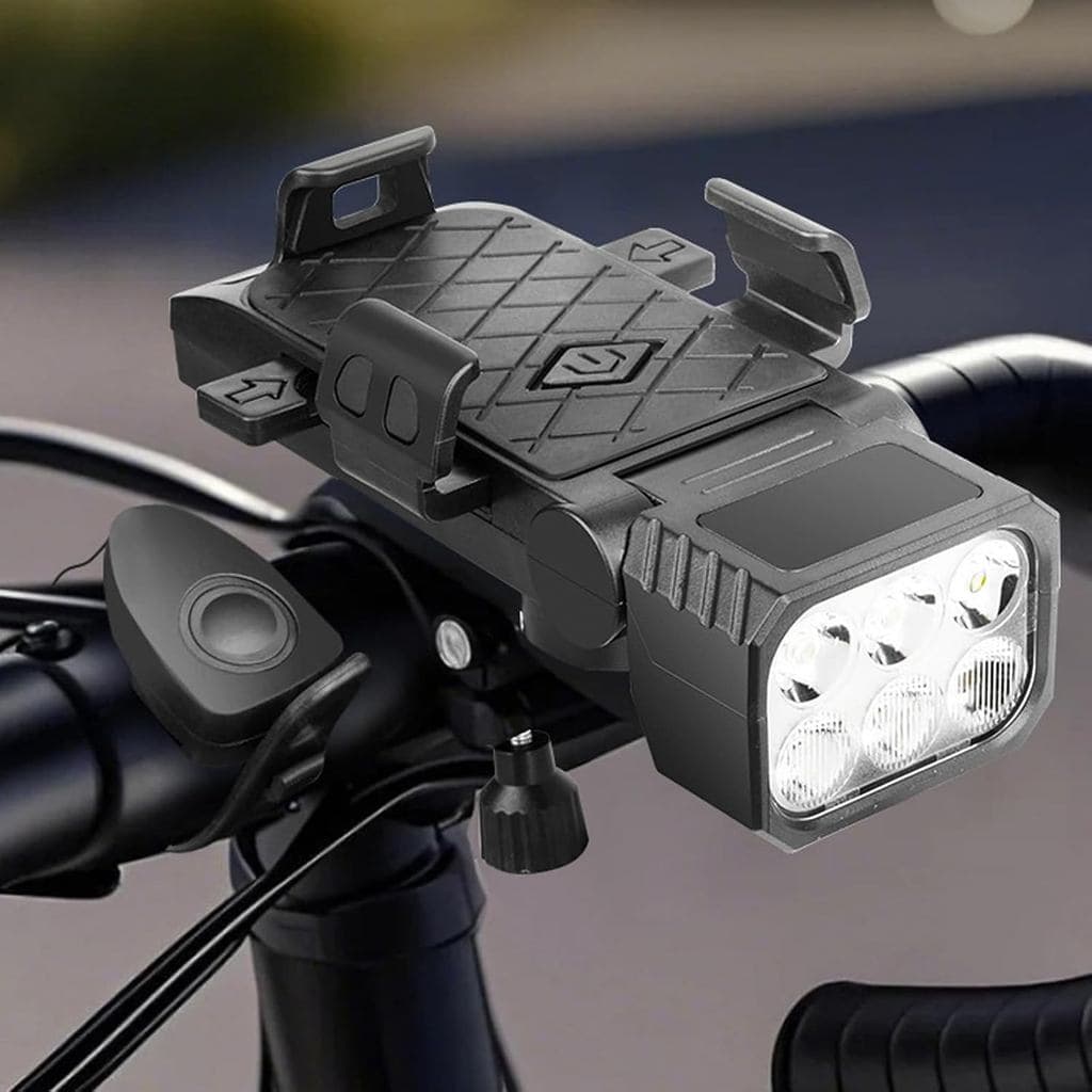 Lanterna de Bicicleta 4 em 1, Suporte para Telefone, Buzina, Recarregável por USB |   Brilho de 400lm, 3 modos de ilumin