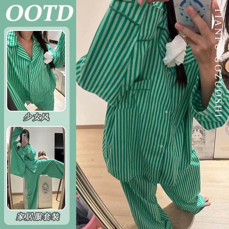 Poly-Algodão Novo Outono Doce Listrado Moda Manga Comprida E Calças Compridas Pijamas Para Mulheres