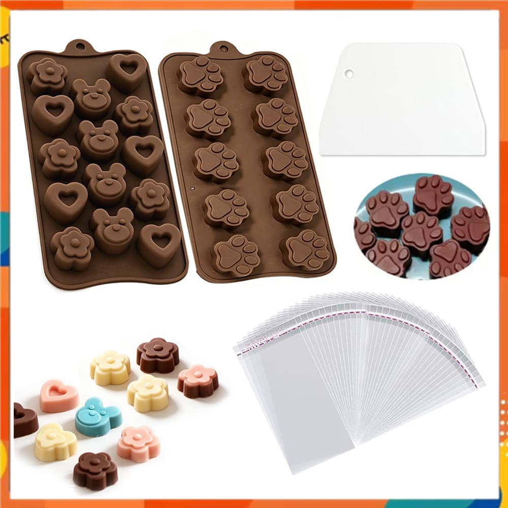 2 moldes de Chocolate de Silicone com saco de embalagem de plástico, forma de garra em forma de coração em forma de flor