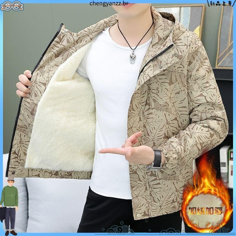 Outono inverno forro de lã masculino engrossado quente algodão acolchoado jaqueta juventude moda bordado Casual All-matc