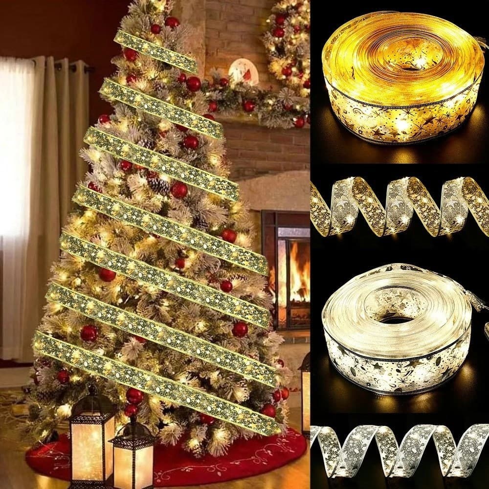 Fita de Luz LED com Glitter em Forma de Estrela Oca, Fita Decorativa de Natal em Duas Cores (Dourada e Prateada), Fita d