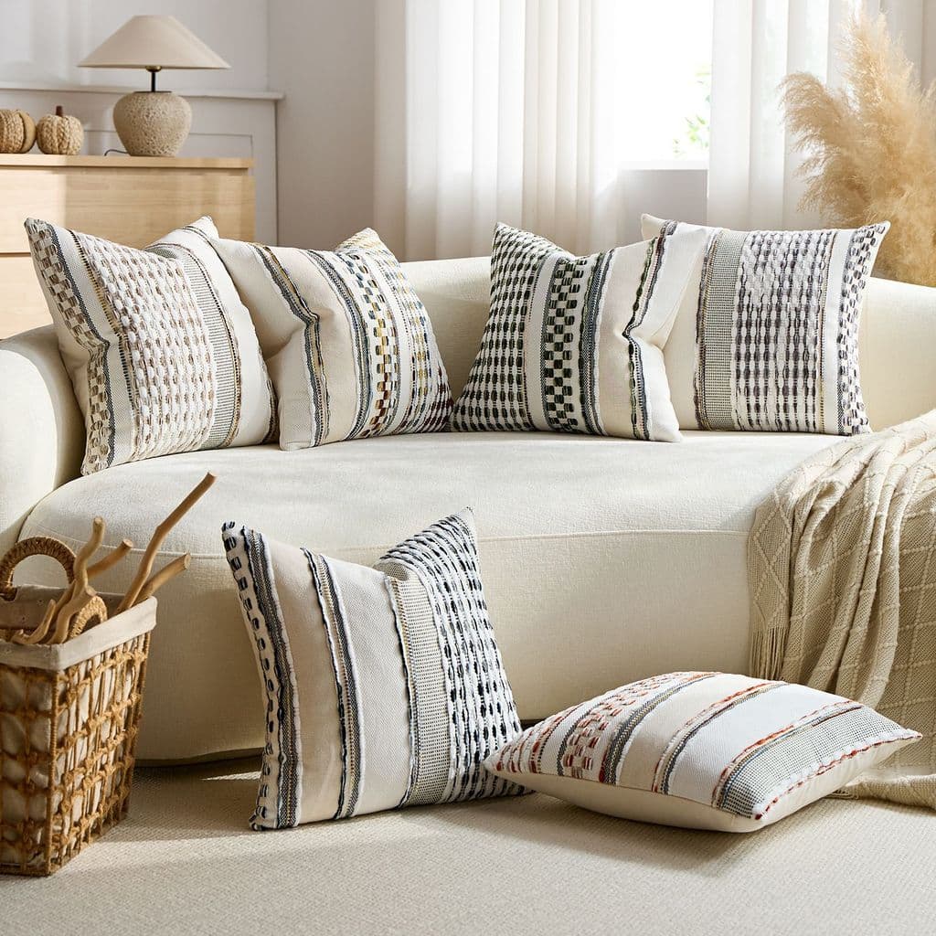 Capa de Almofada Decorativa em Chenille com Textura Listrada Estilo Boêmio, Adequada para Sofá, Cama, Quarto