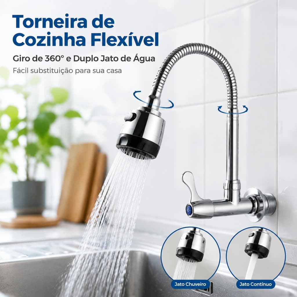 Torneira De Parede Para Pia De Cozinha Prata Cano Flexível Duplo Jato Articulável Anti Vazamento