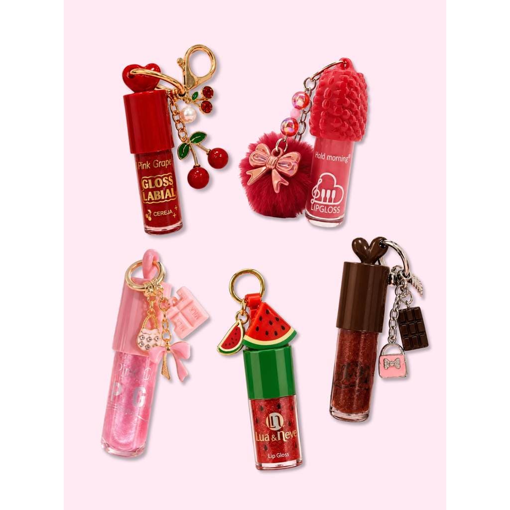 Kit com 5 Gloss Labial Chaveiro Lip Oil Hidratante com Brilho Modelos Variados Infantil e Adulto