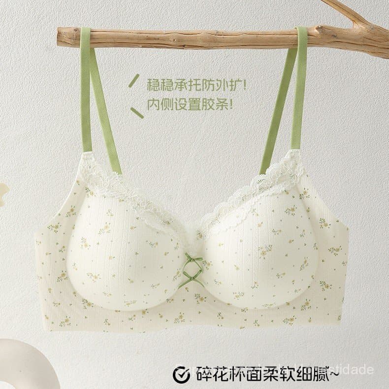 Sutiã feminino com acabamento em renda floral e bolinhas no estilo francês, para bustos pequenos, que realça o volume, c