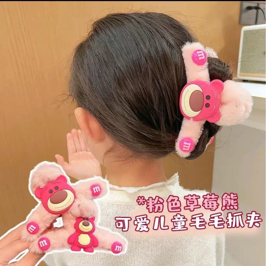 Novo Clipe de Cabelo Fofo em Forma de Urso Morango Rosa para Crianças, Clipe Grande para Rabos de Cavalo, Acessório de C