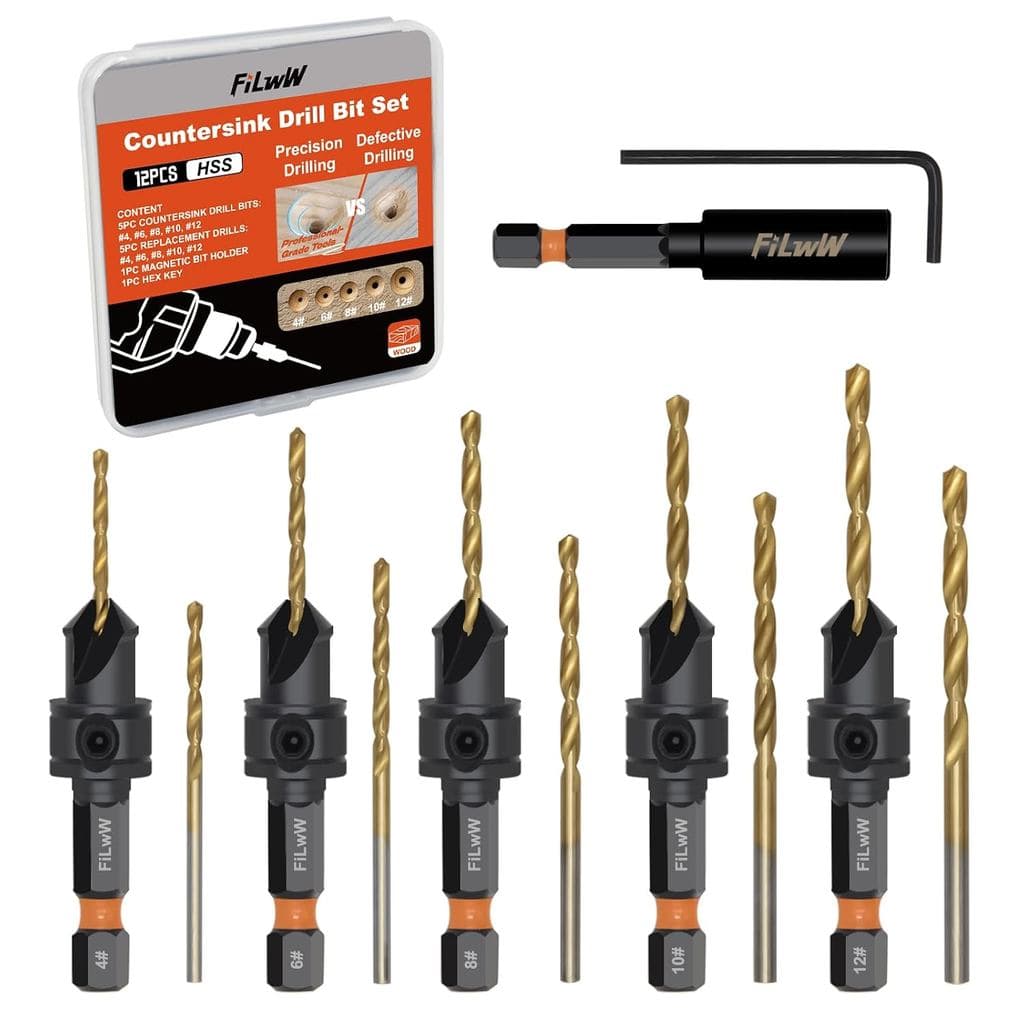 Conjunto de Brocas Escareadoras, 12 Peças de Brocas Escareadoras Ajustáveis # 4, # 6, # 8, # 10, # 12, Suporte Magnético