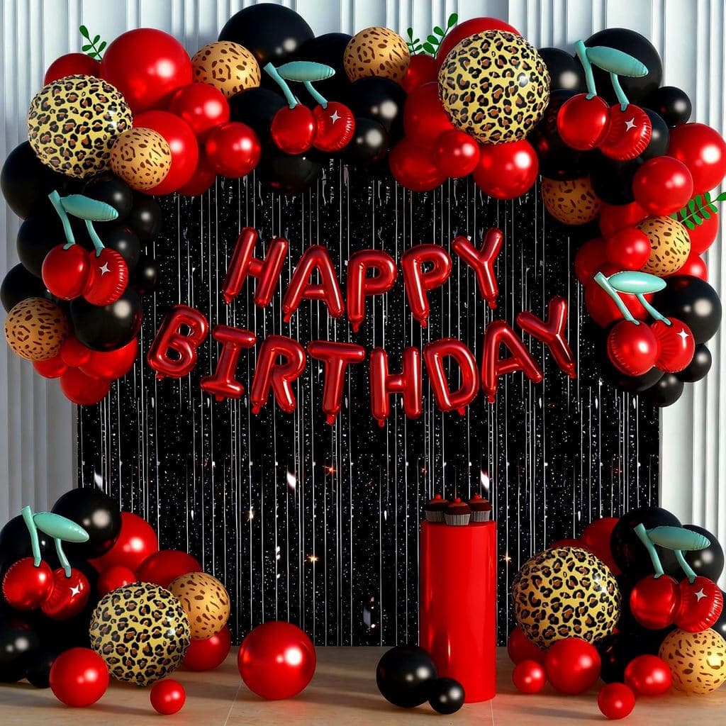 Kit de Decorações de Aniversário com Estampa de Guepardo Vermelho, 119 Peças, Balões com Estampa de Leopardo Vermelho e