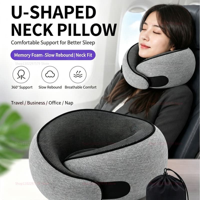 Travesseiro De Pescoço Para Viagem , Espuma De Memória Em Forma De U , Estilo Caracol , Suporte , Portátil , Ajustável ,