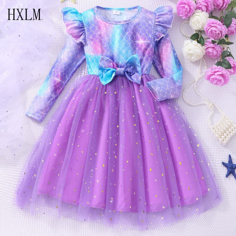 Vestido de Sereia de Manga Longa para Meninas, Roxo, com Laço de Tule, Casual, Fofo e Doce para Bebês YO953 GTUK