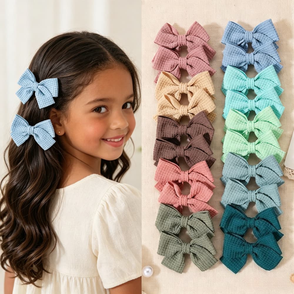 1 Conjunto De Grampos De Cabelo Com Laço De Tecido Waffle , Coloridos Macaron Para Crianças , Acessórios Versátil Feitos