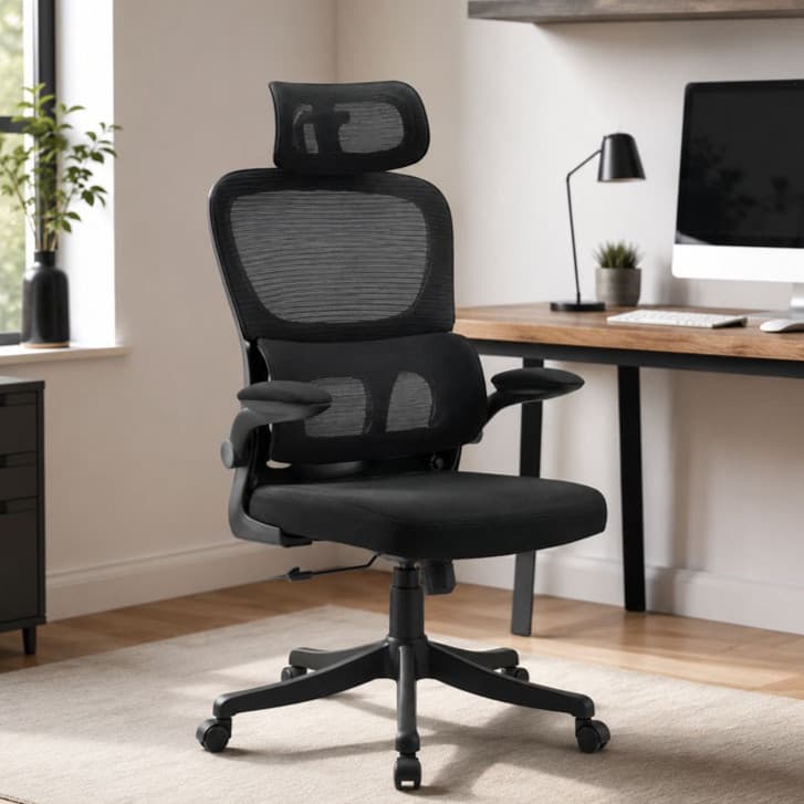 Cadeira Escritório Ergonômica Giratória Preta Tela Mesh com Suporte Lombar e Apoio de Cabeça