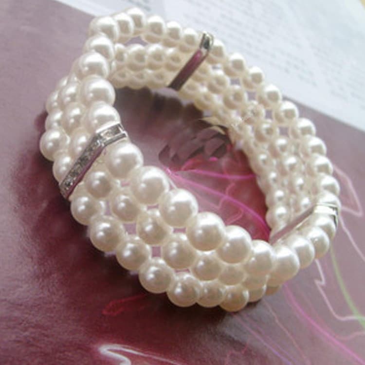Pulseira Elegante de Três Camadas com Strass e Pérolas, Brilhante e Elástica