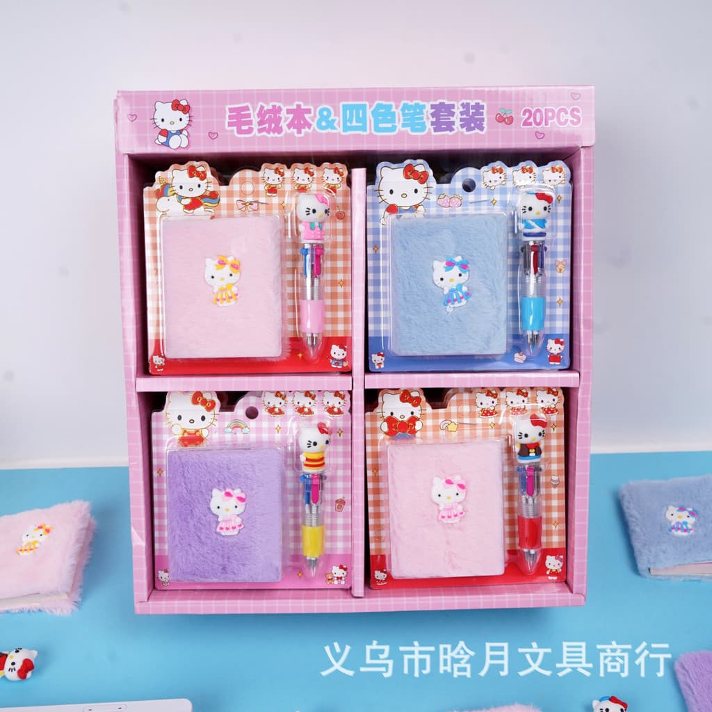 Conjunto de caneta esferográfica de quatro cores para caderno de pelúcia Hello Kitty, venda imperdível, criativo, fofo,