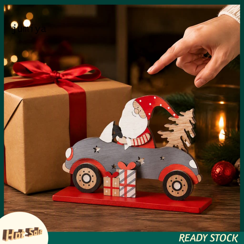 Christmas Wooden Ornaments Holiday Gnome Table Decor Vintage Santa Driving Car Figurine with Tree – Festive Desk Shelf