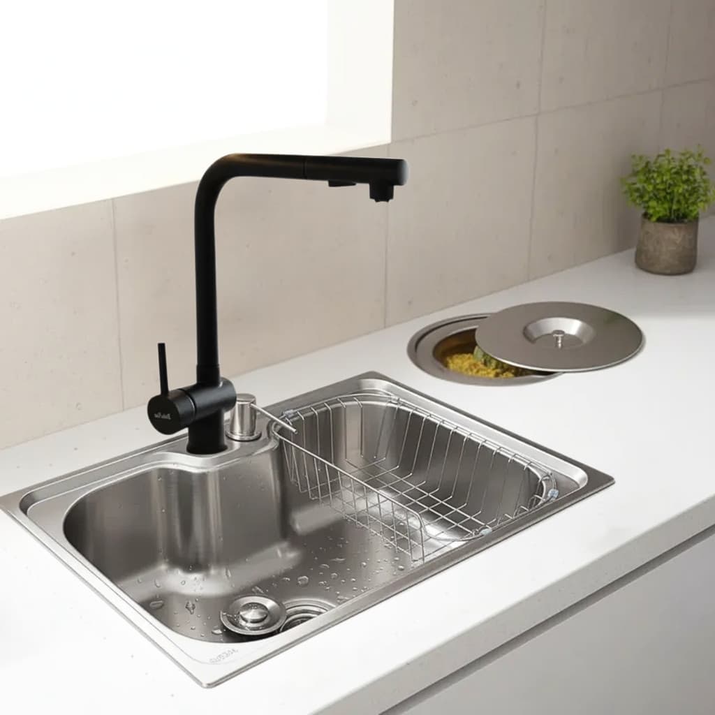 CUBA 50X40CM INOX 304 + TORNEIRA EXTENSÍVEL PRETA E LIXEIRA
