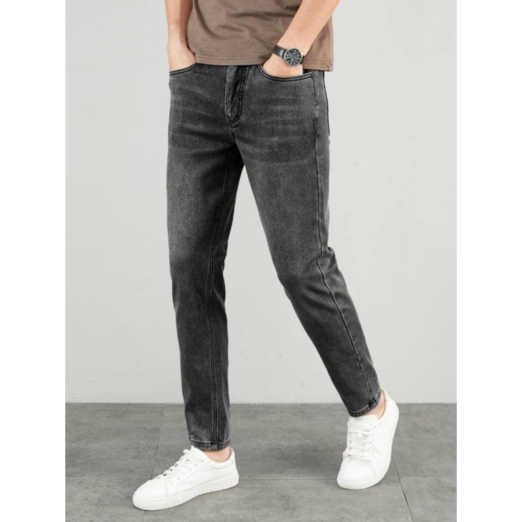 Calças de brim de lã masculinas outono inverno engrossado calças masculinas fino-ajuste magro calças casuais versão core