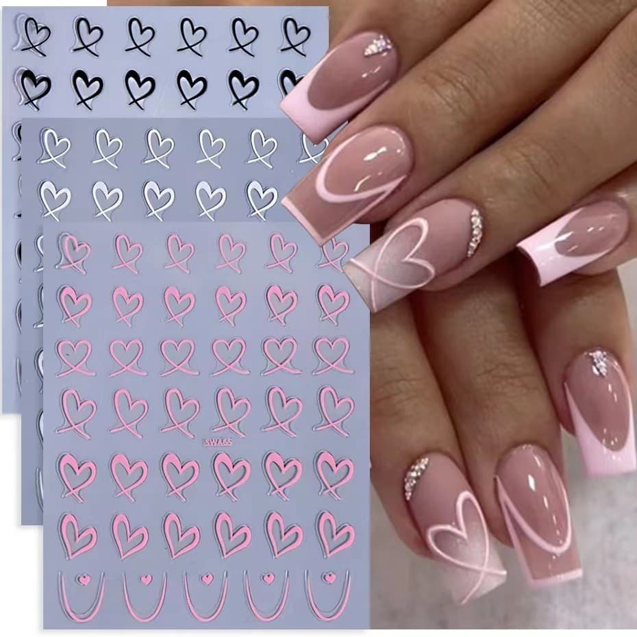 3 folhas adesivos de Manicure do dia dos namorados novo estilo dourado prata em forma de coração francês 3D adesivos de