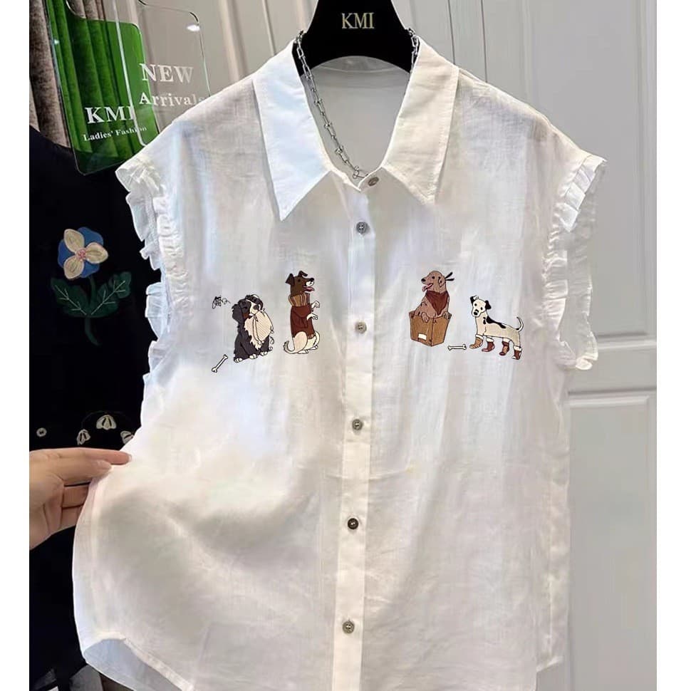 Camisa sem mangas Super bonita lapela branco Chiffon fungo borda pequena camisa de manga voadora feminina temperamento s
