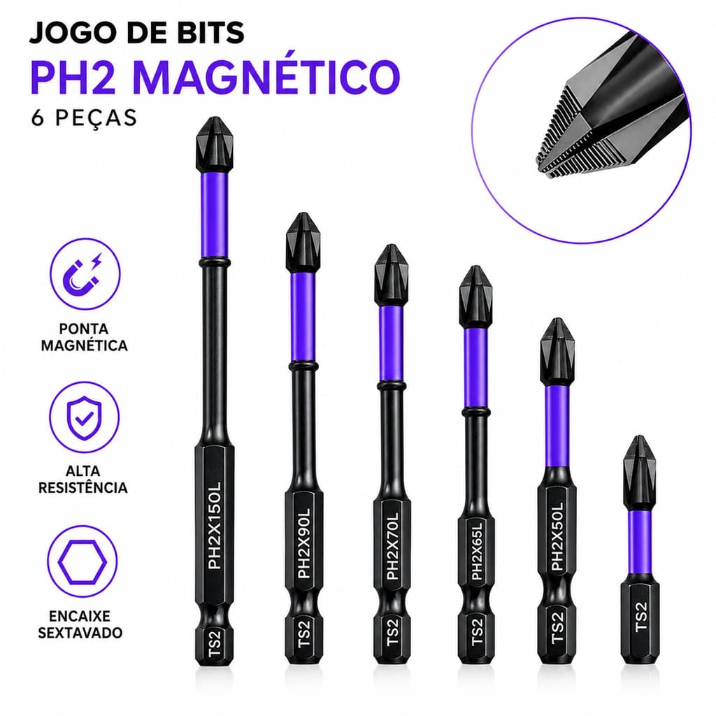 Bits Magnético Ponteira Philips Parafusadeira Ph2 Jogo 6 Pcs Imantado Antiderrapante Com Imã Sextavado