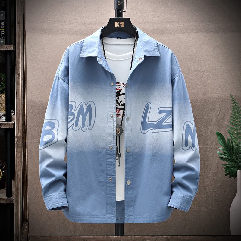 Camisa jeans de manga comprida masculina gradiente estilo Hong Kong camisa de fundo Casual estudante impressão lapela ru