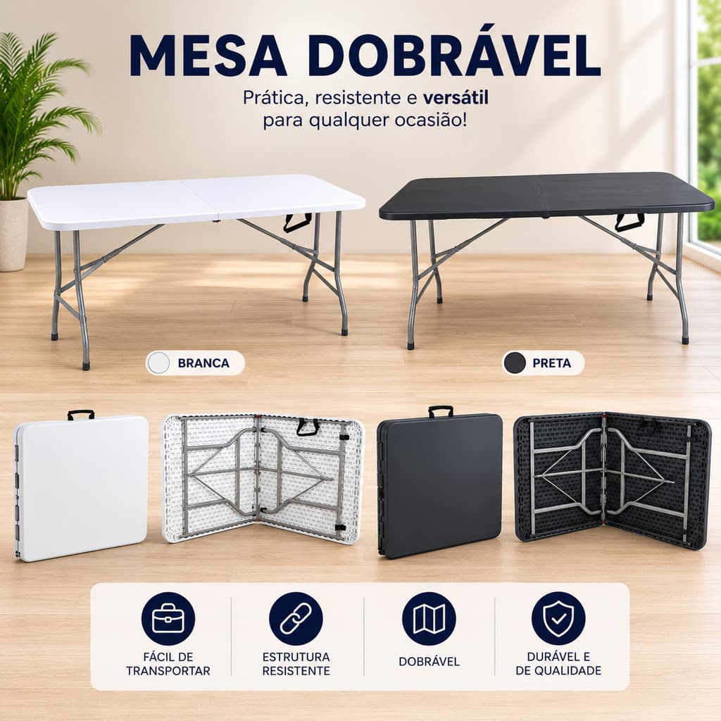 Mesa Dobrável Vira Maleta Portátil Jardim Camping 1,80m
