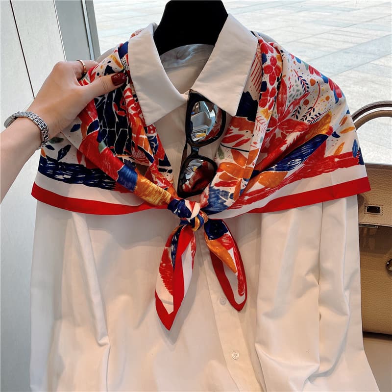 Lenço de seda colorido com pintura a óleo feminino primavera outono simulação seda grande lenço quadrado camisa combinan