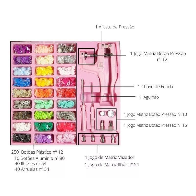 Kit Alicate de Pressão 3 em 1 Lanmax Aplicador de Botão - Alicate + Botões Plástico e Metal + Ilhós