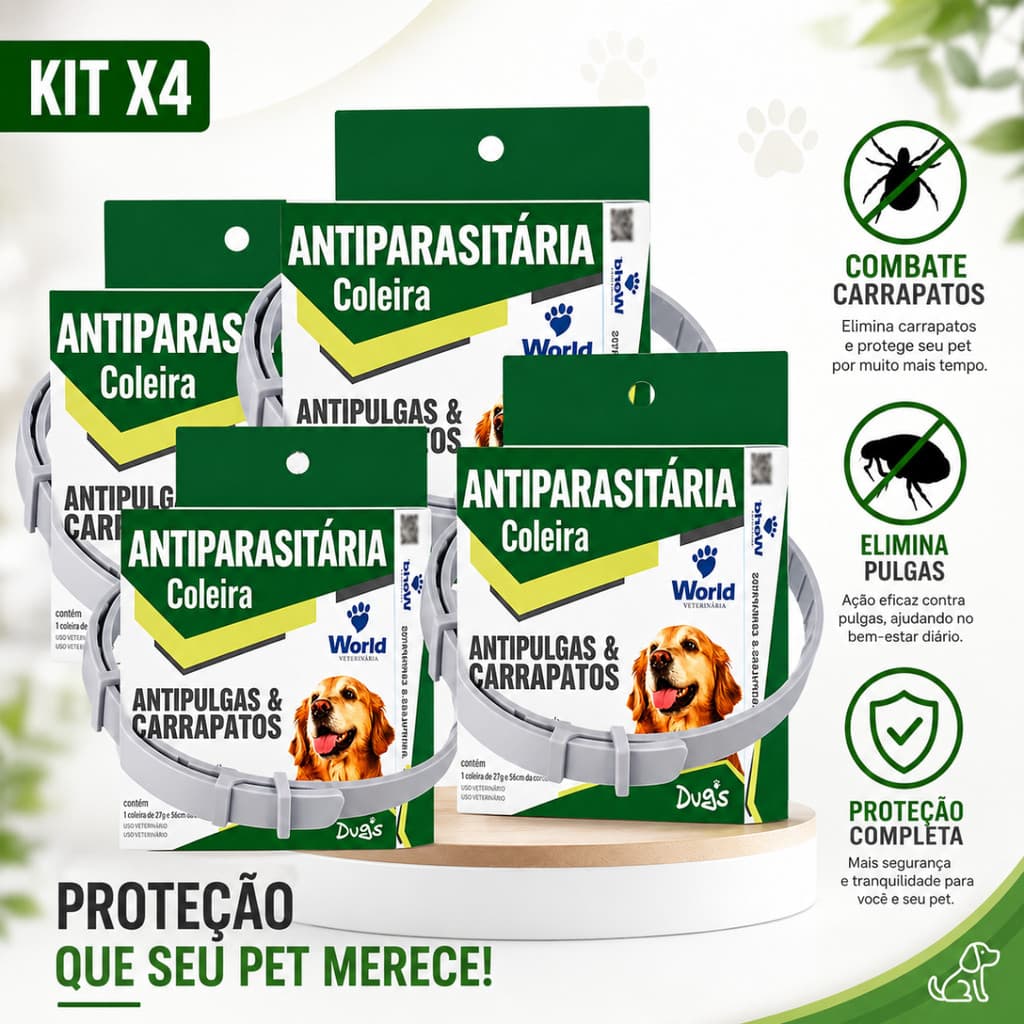 Kit 4 Coleiras Antiparasitária Dugs Cães World Veterinária Antipulgas e Carrapatos