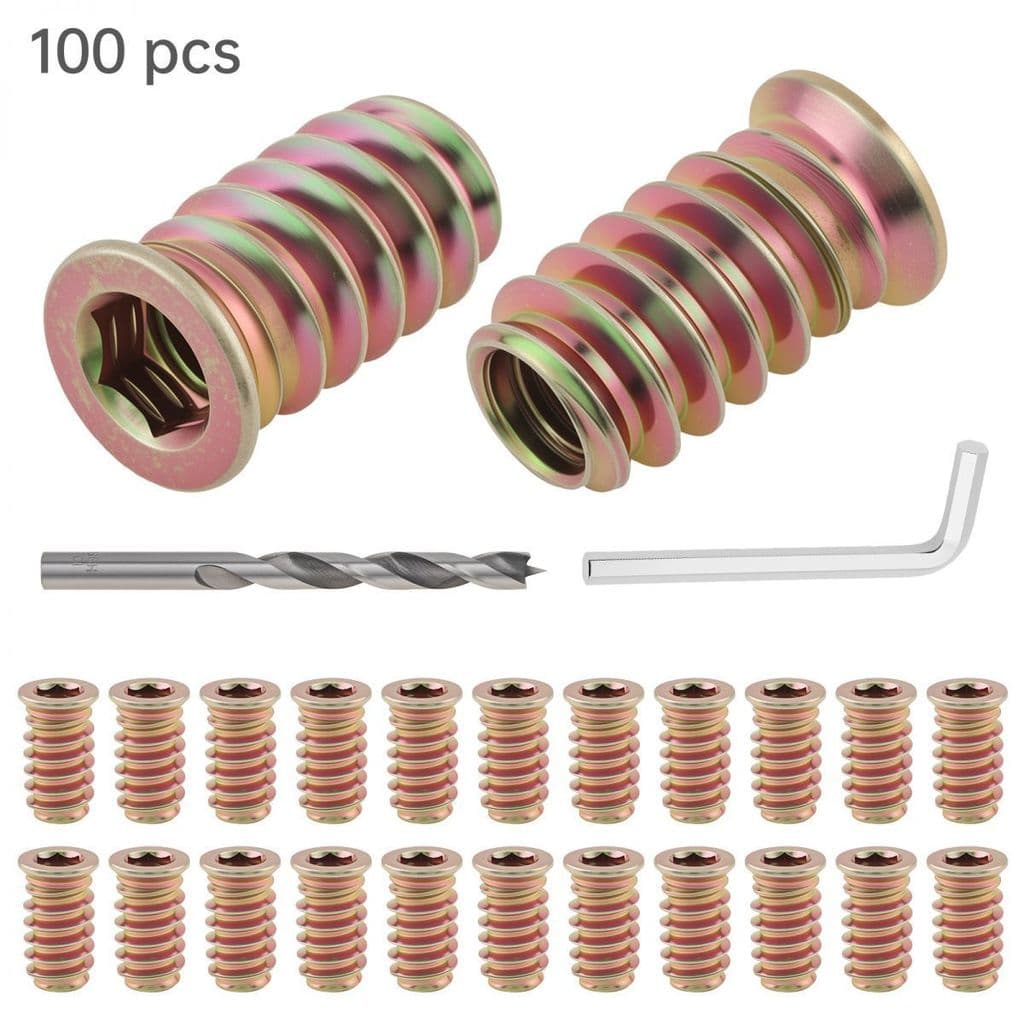 100 Peças Inserções Rosqueadas De 1/4 Polegadas-20 x 20/10 mm Para Madeira-Variedade De Parafusos De Metal Com Chave Sex