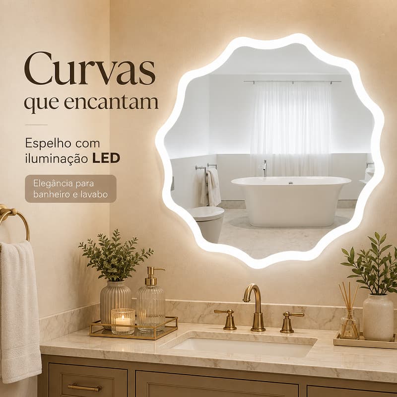 Espelho De Maquiagem Com LED Redondo Ondulado 50x50cm,3 Temperaturas Luz,Anti‑estilhaço Bivolt Parede